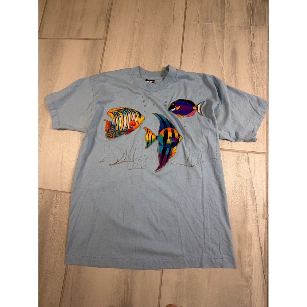 Vintage Fruit of the Loom Best Tropical Fish T-Shirt Blue Single Stitch Large